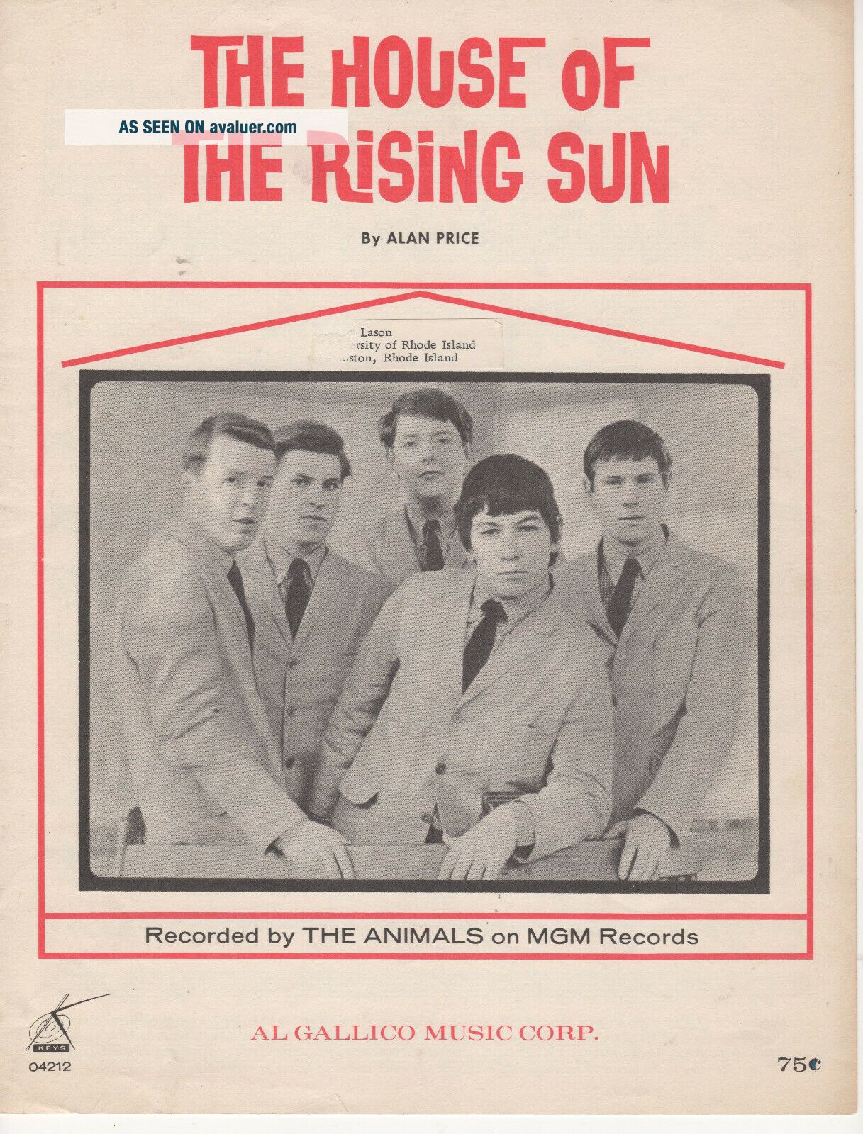 Sheet Music: The Animals Eric Burdon 