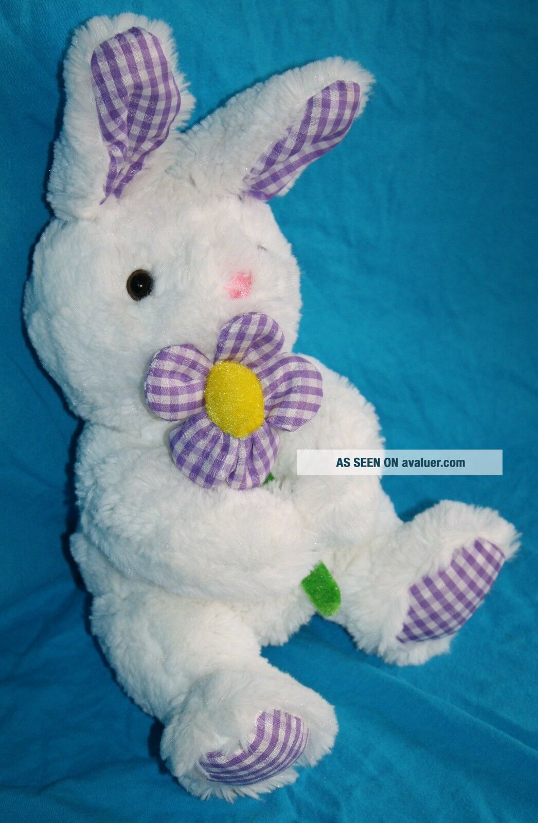 Concepts White Plush EASTER BUNNY RABBIT Purple Gingham Flower Stuffed ...