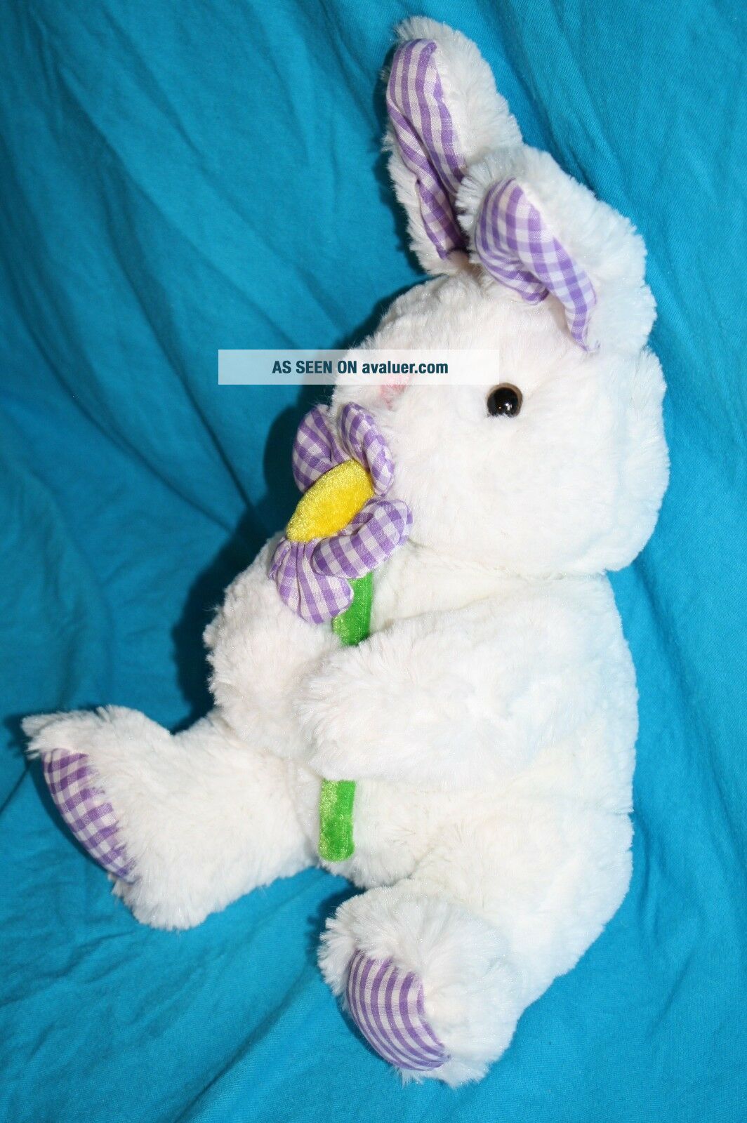 Concepts White Plush EASTER BUNNY RABBIT Purple Gingham Flower Stuffed ...
