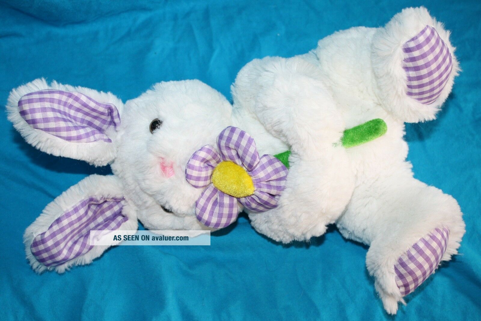 Concepts White Plush EASTER BUNNY RABBIT Purple Gingham Flower Stuffed ...